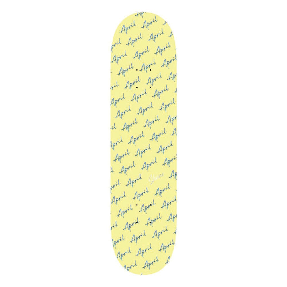 April Shane script logo - Yellow deck