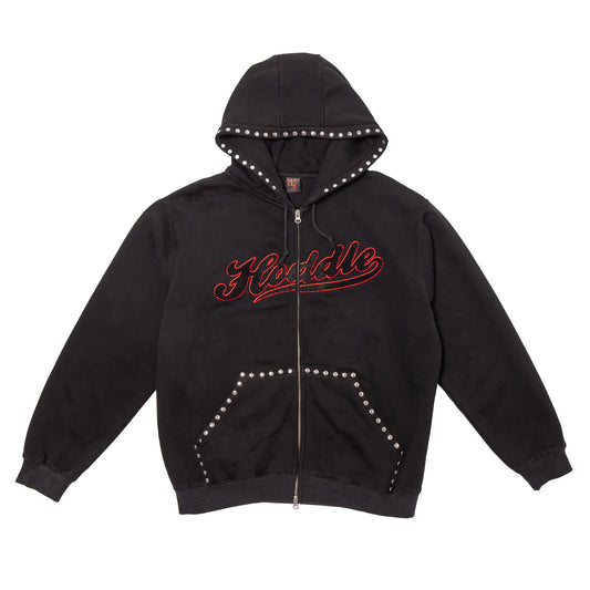 HODDLE STUDDED INTARSIA SCRIPT ZIP UP HOODIE BLACK
