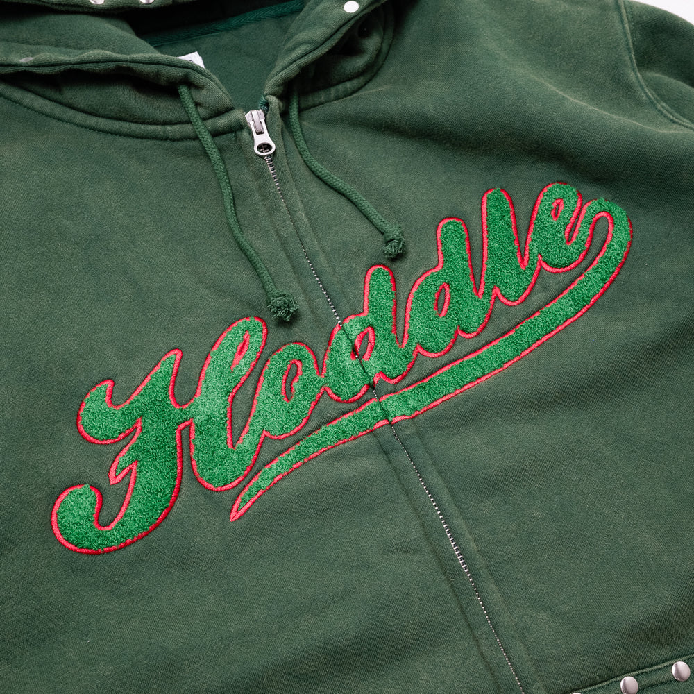 HODDLE STUDDED INTARSIA SCRIPT ZIP UP HOODIE WASHED GREEN