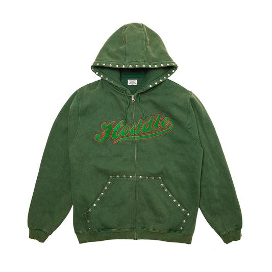 HODDLE STUDDED INTARSIA SCRIPT ZIP UP HOODIE WASHED GREEN