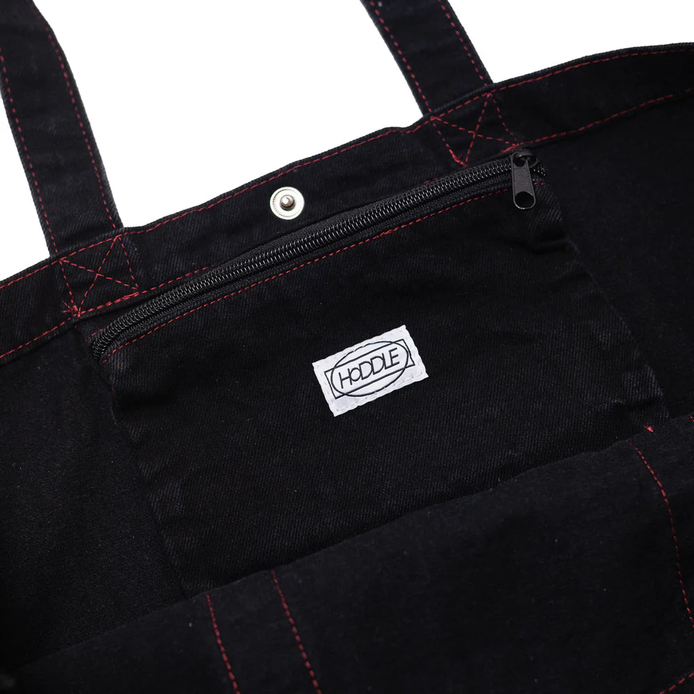 HODDLE  THUNDERDOME DENIM TOTE BAG - BLACK DENIM / RED CONTRAST STITCH