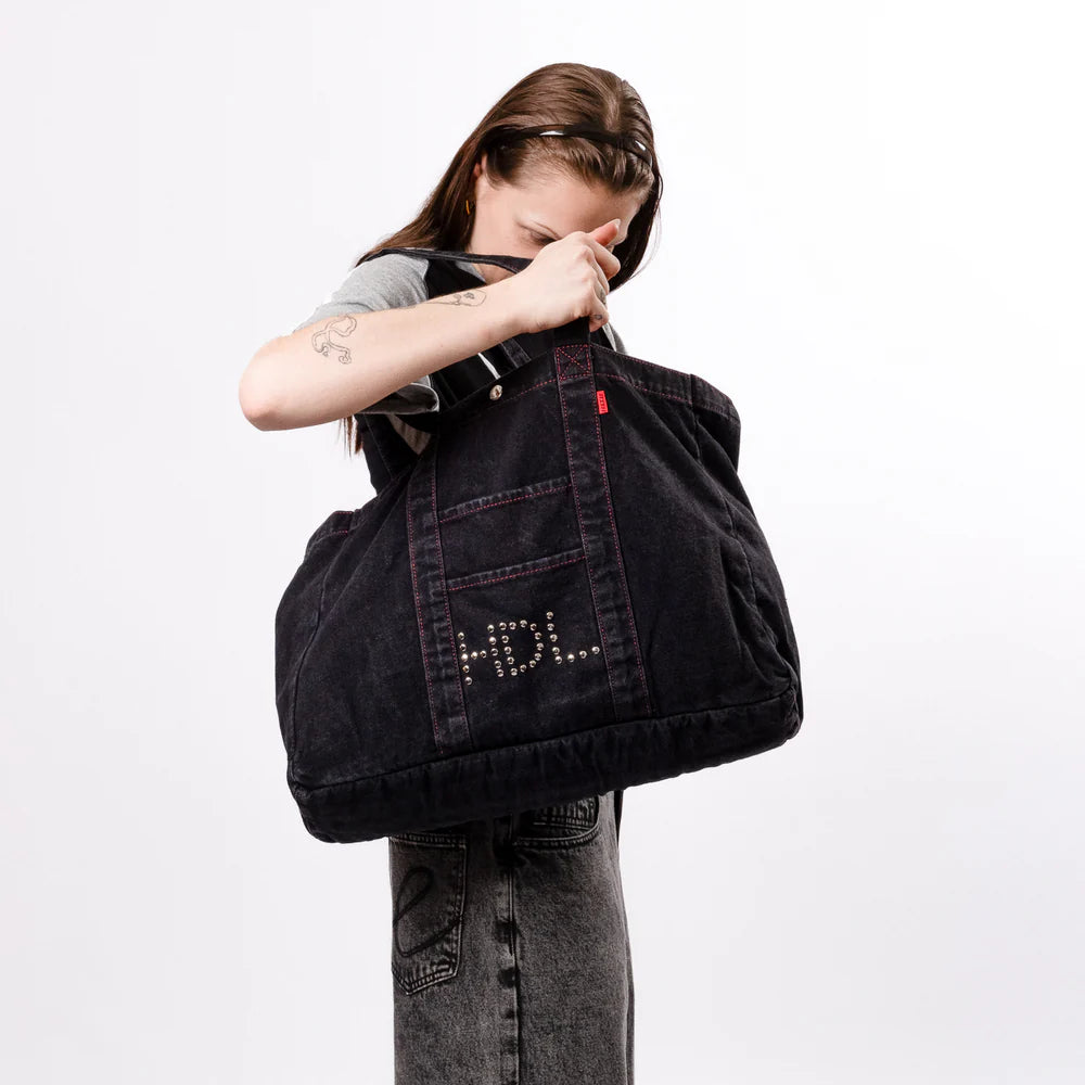 HODDLE  THUNDERDOME DENIM TOTE BAG - BLACK DENIM / RED CONTRAST STITCH