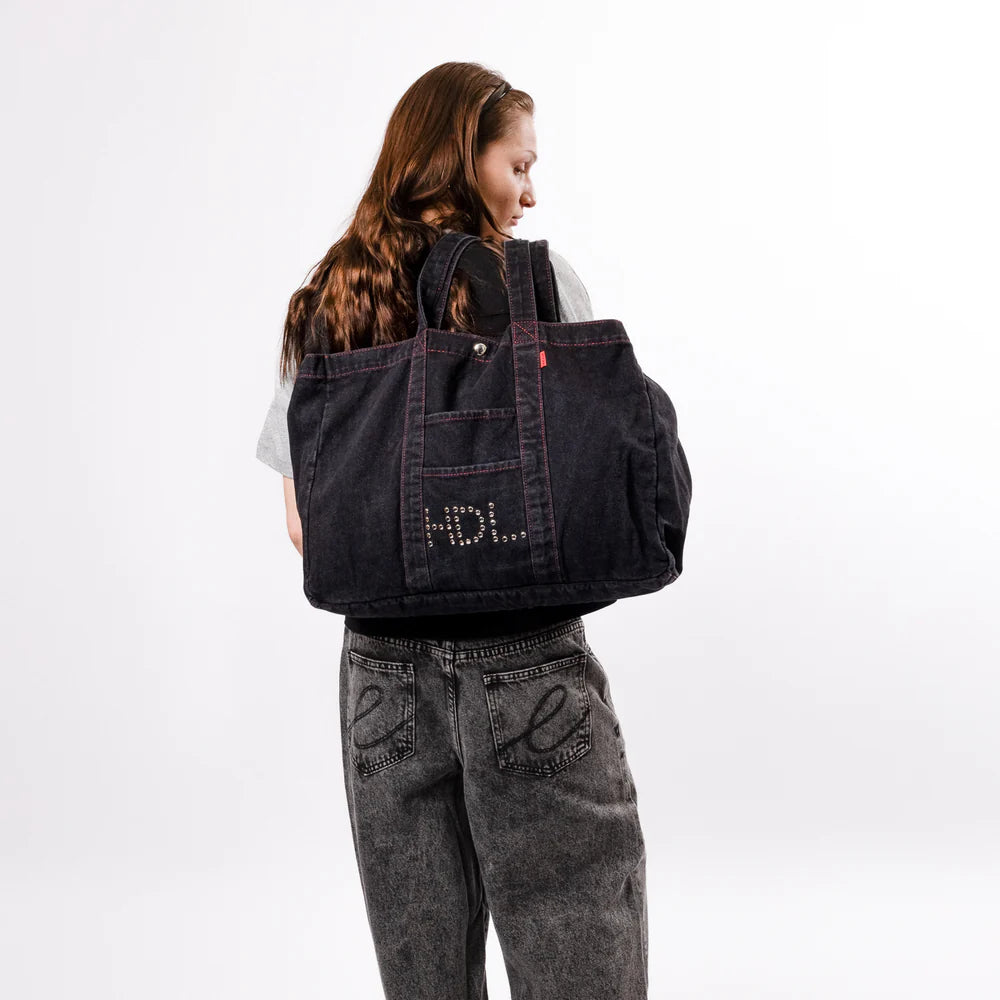 HODDLE  THUNDERDOME DENIM TOTE BAG - BLACK DENIM / RED CONTRAST STITCH