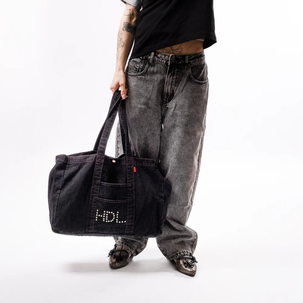 HODDLE  THUNDERDOME DENIM TOTE BAG - BLACK DENIM / RED CONTRAST STITCH